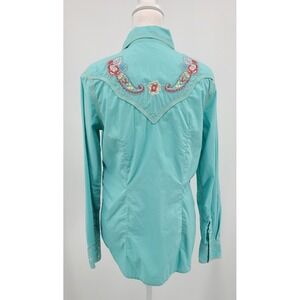 Ryan Michael Western Embroidered Women Shirt Small Pearl Snap Pockets Rodeo Blue